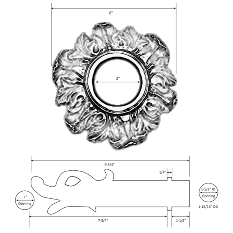 Water Scupper with Large Griffin Head Water Spout - Petal Design, 6” Round